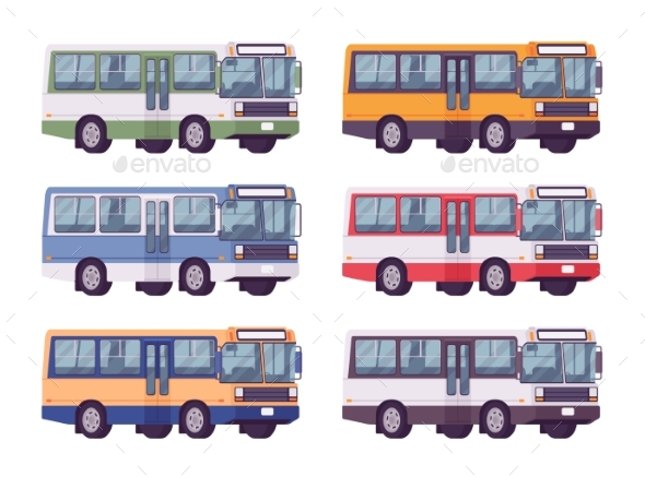 Bus Set in Bright Colors, Vectors | GraphicRiver