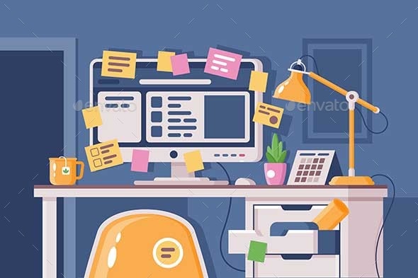 Cluttered Workplace with Computer, Vectors | GraphicRiver