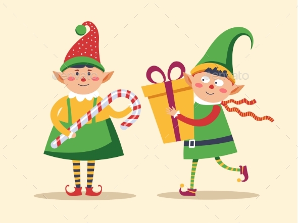 Elf Children Holding Presents Decorated with Bow, Vectors | GraphicRiver