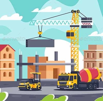 Construction of Building with Heavy Machinery, Vectors | GraphicRiver