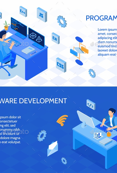 Programmers Isometric Banners, Vectors | GraphicRiver