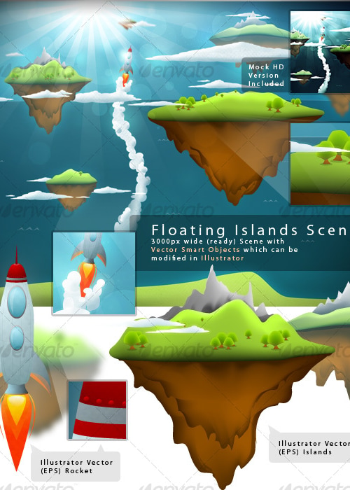 Beautiful Floating Islands Scene, Graphics | GraphicRiver