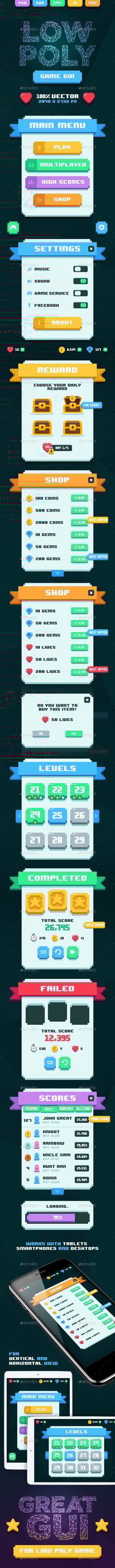 GUI for Low Poly Game, Game Assets | GraphicRiver