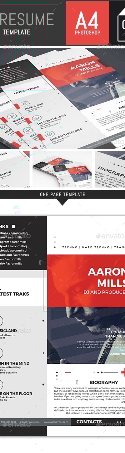 Dj / Musician OnePage Press Kit / Resume Template, Print Templates