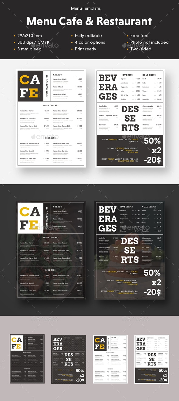 Two-Sided Menu for Cafe and Restaurant, Print Templates | GraphicRiver