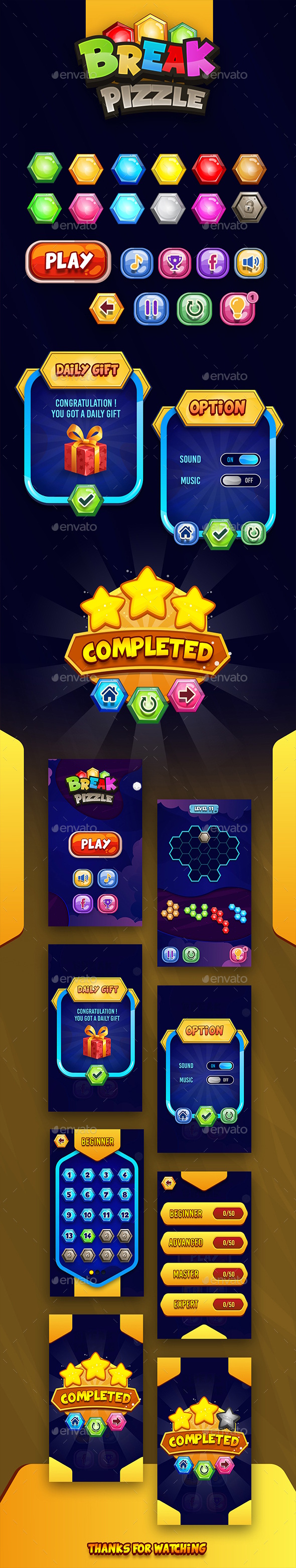 Break Puzzle Game UI, Game Assets | GraphicRiver