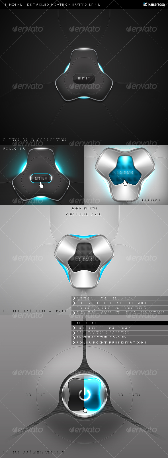3 Highly Detailed Hi-Tech Buttons v2, Web Elements | GraphicRiver