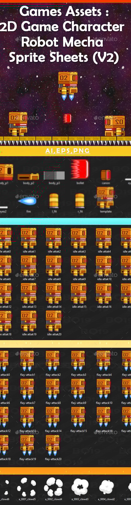 Games Assets : 2D Game Character Robot Mecha Sprite Sheets (v2), Game ...