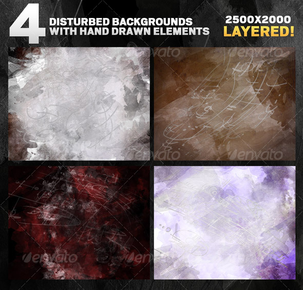 4 Disturbed backgrounds with hand drawn elements, Graphics | GraphicRiver