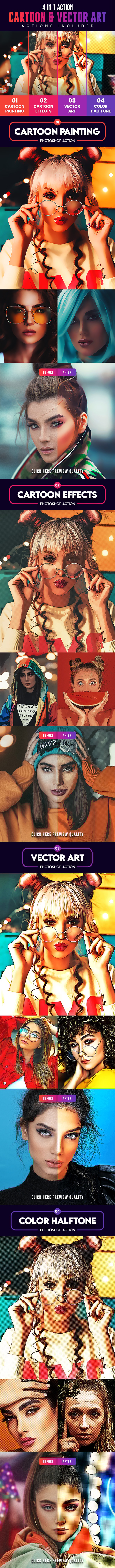 4 in 1 Cartoon & Vector Art Photoshop Actions - Photo Effects Actions