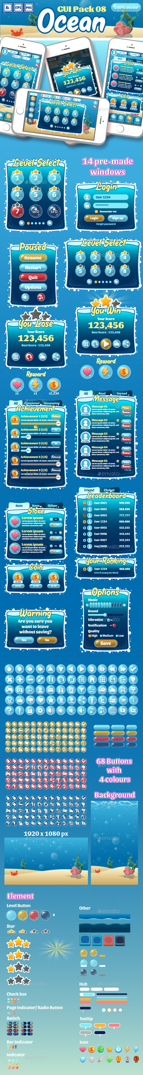 Ocean Theme GUI Pack 08, Game Assets | GraphicRiver