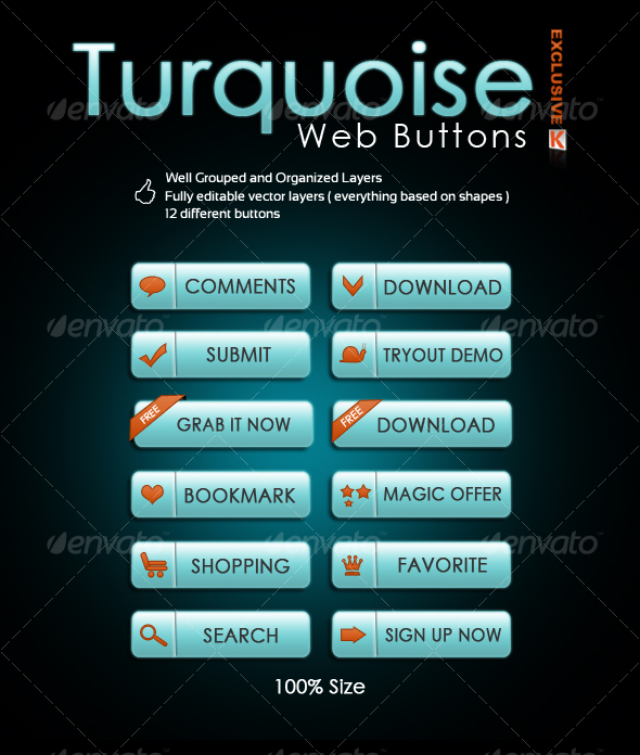 Turquoise Web Buttons, Web Elements | GraphicRiver
