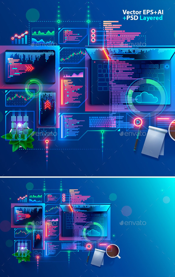 Programming, coding computer software. Program development technology ...