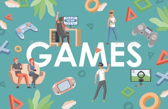 Games Word Vector Flat Banner Design, Vectors | GraphicRiver
