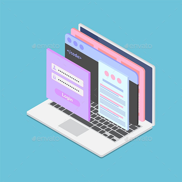 Isometric Web Interface with Adaptive layout Webpage on Laptop Screen ...