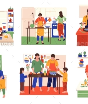 Cooking Scenes. Cartoon People Preparing Food, Vectors | GraphicRiver