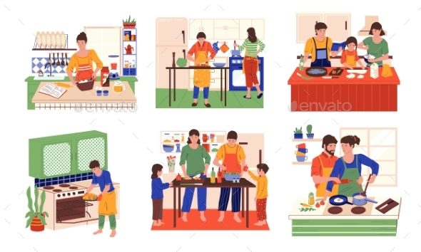 Cooking Scenes. Cartoon People Preparing Food, Vectors | GraphicRiver