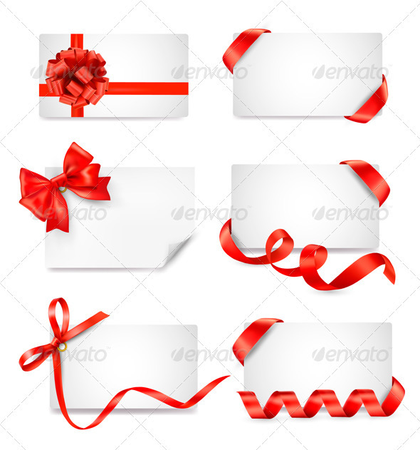 Set of card notes with red gift bows with ribbons, Vectors | GraphicRiver