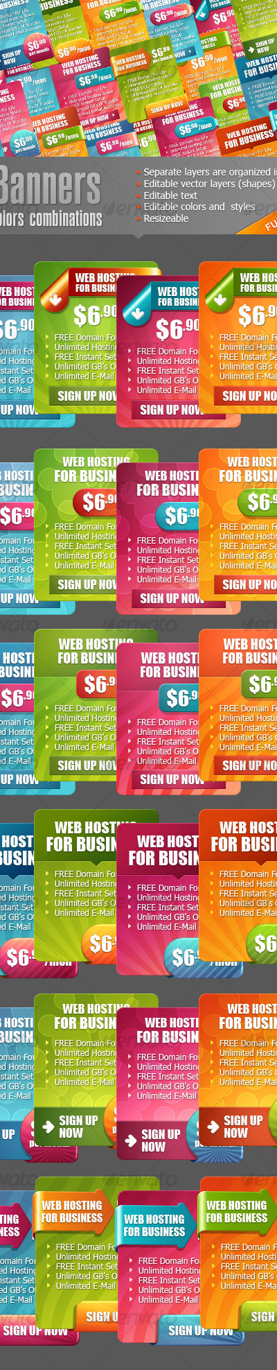 6 Banners in 4 Colors Combinations, Web Elements | GraphicRiver