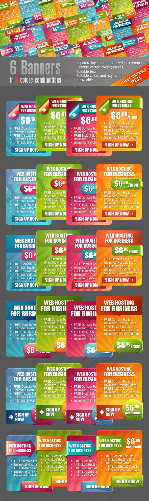 6 Banners in 4 Colors Combinations, Web Elements | GraphicRiver