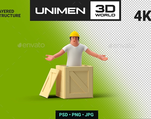 3D Man Worker in Helmet with Box Container on Transparent Background ...