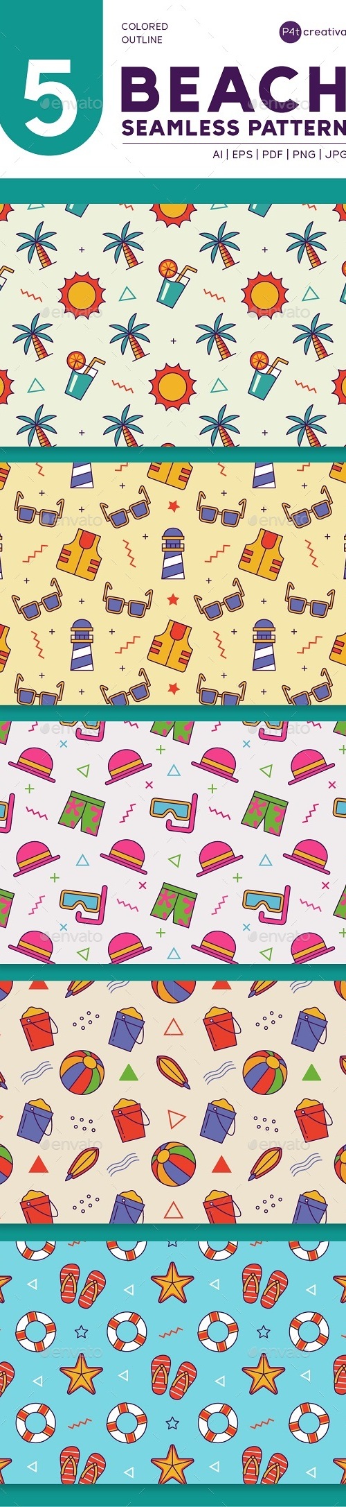 5 Beach Seamless Pattern, Vectors | GraphicRiver