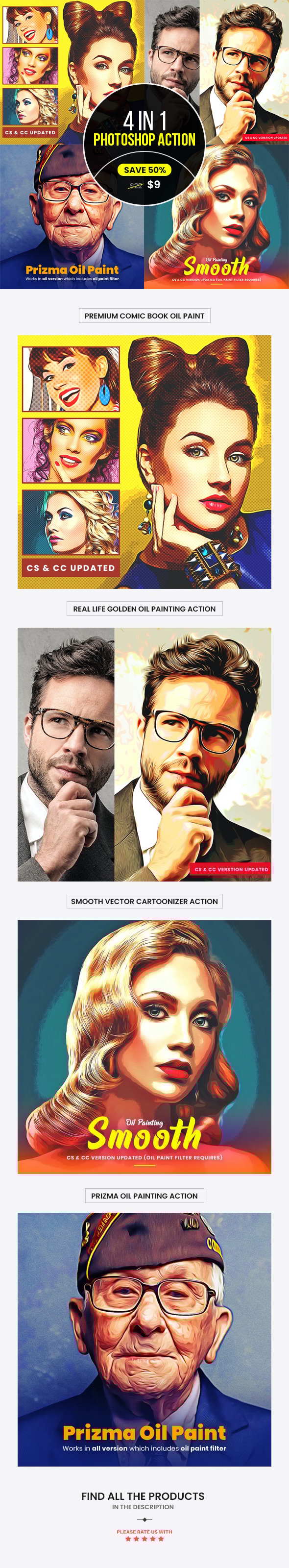 4 in 1 Cartoon Oil Painting PS Action Bundle - Photo Effects Actions