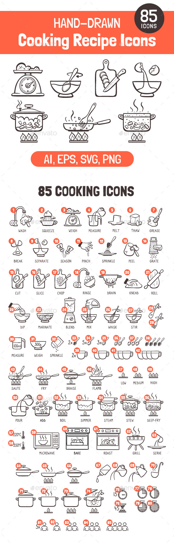 Hand-Drawn Cooking Recipe Icons, Icons | GraphicRiver