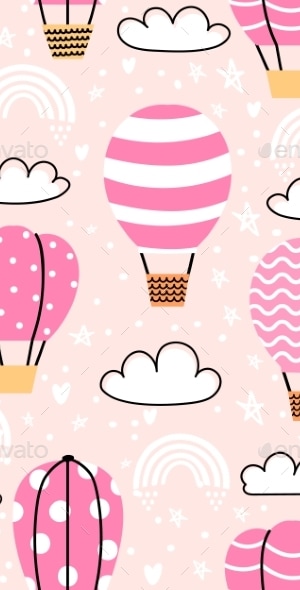 Cute Seamless Pattern with Pink Hot Air Balloons, Vectors | GraphicRiver
