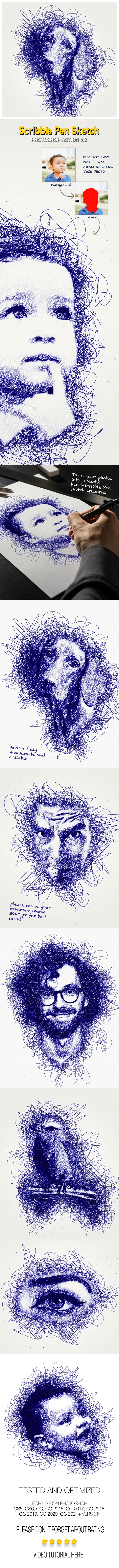 Scribble Pen Sketch Photoshop Action V.3 - Photo Effects Actions