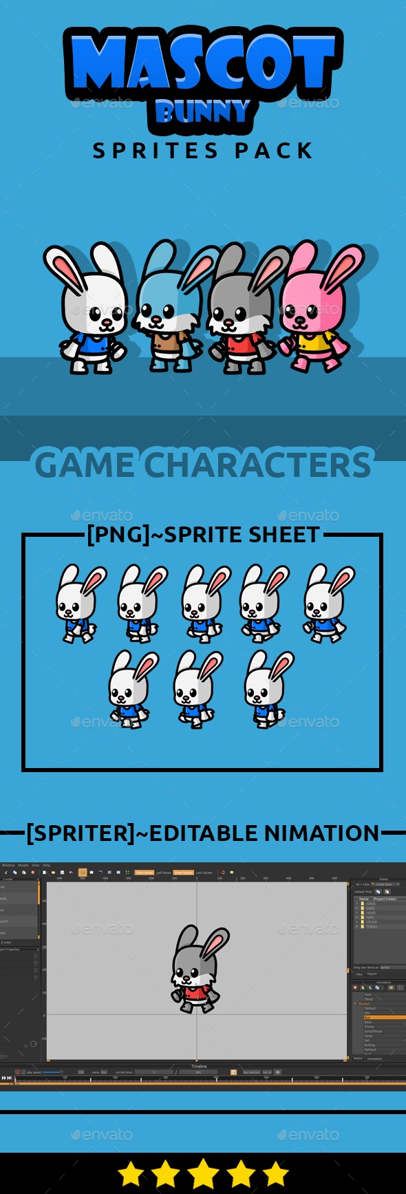 Mascot Bunny Sprites Pack, Game Assets | GraphicRiver