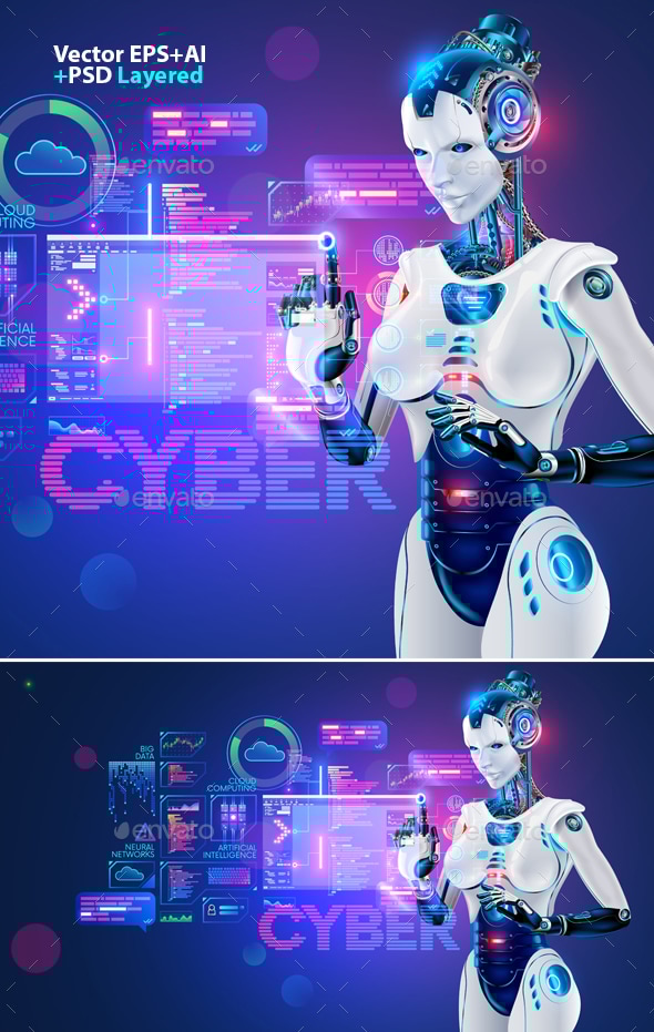 Beautiful Robot Female cyborg working on 3d HUD - Main Image