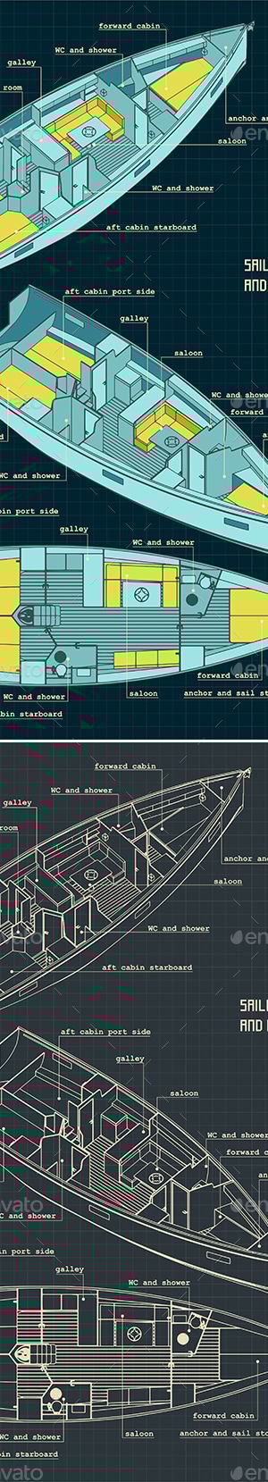 Sailing Yacht Design and Interior Layout Blueprints, Vectors | GraphicRiver
