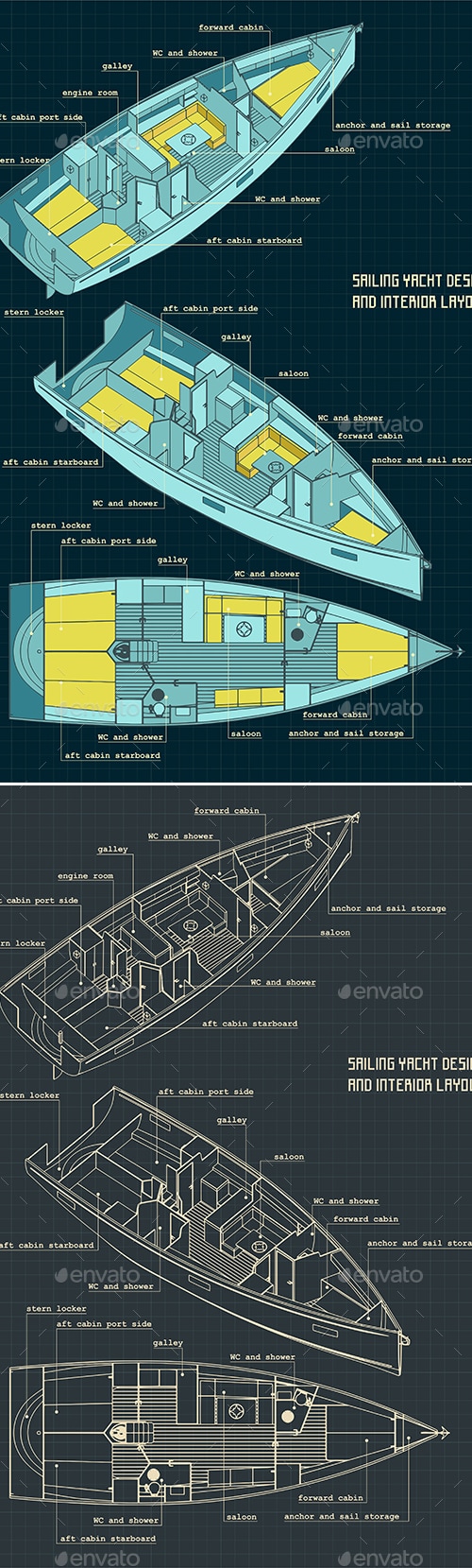 Sailing Yacht Design and Interior Layout Blueprints, Vectors | GraphicRiver
