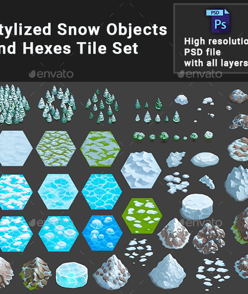 Stylized Snow Objects and Hexes Tile Set, Game Assets | GraphicRiver