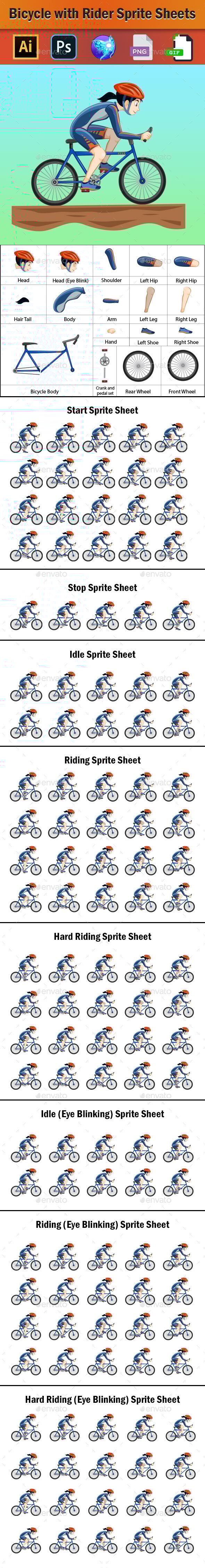 Bicycle with Lady Rider Sprite Sheets for Games, Game Assets | GraphicRiver