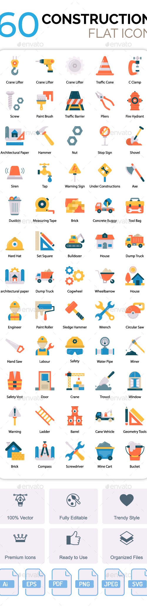 60 Construction Flat icon, Icons | GraphicRiver