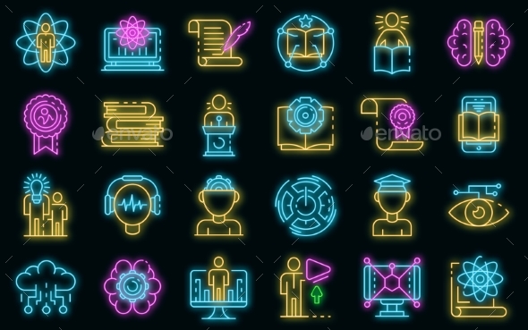 Interactive Learning Icons Set Vector Neon, Vectors | GraphicRiver