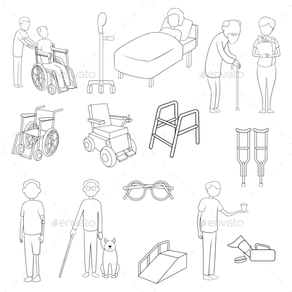 Disability People Care Icon Set Outline, Vectors | GraphicRiver