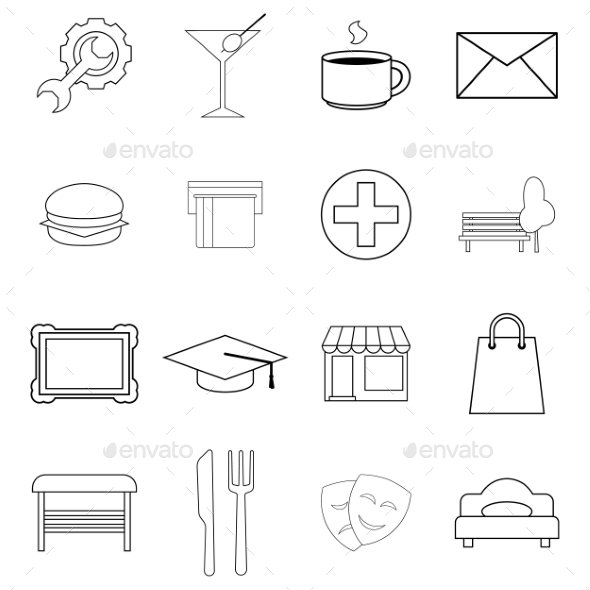 Map Landmarks Objects Icon Set Outline, Vectors | GraphicRiver