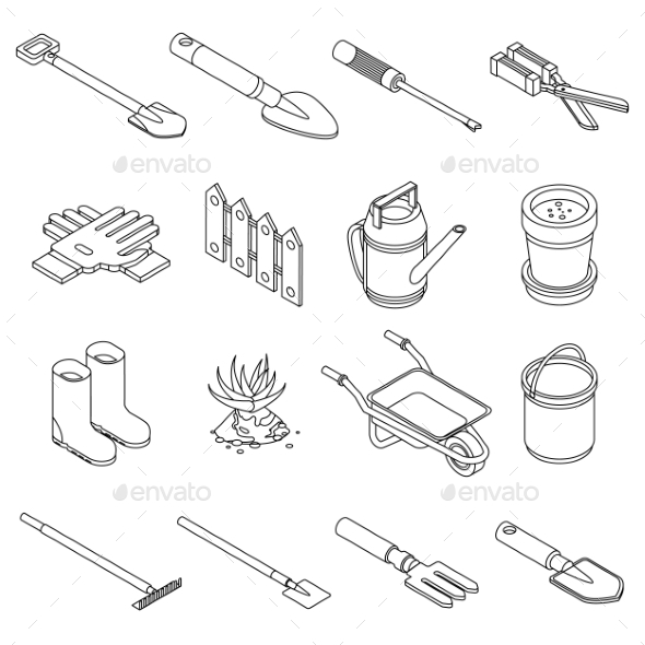 Gardening Tools Icons Set Vector Outine, Vectors | GraphicRiver