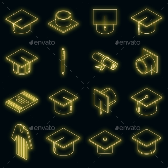Graduation Hat Icons Set Vector Neon, Vectors | GraphicRiver