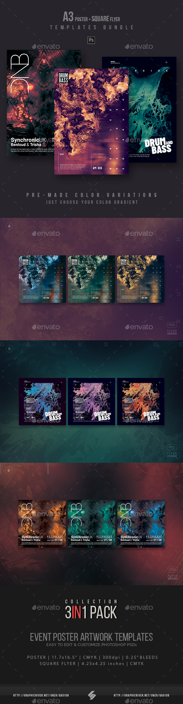 Abstract Party Flyer, Poster Templates Bundle 3, Print Templates ...
