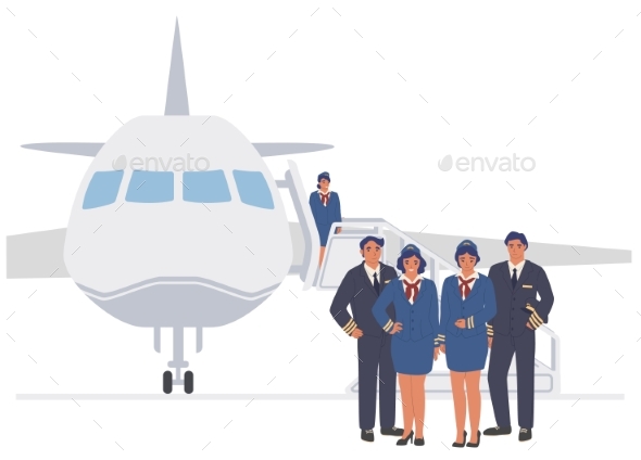 Vector Flight Crew Standing Together at Airplane, Vectors | GraphicRiver