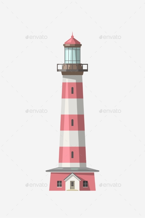 Simple Design Red Color Lighthouse on White, Vectors | GraphicRiver