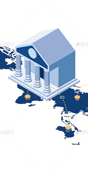 Isometric Bank Building on World Map with Global Money Transfer, Vectors