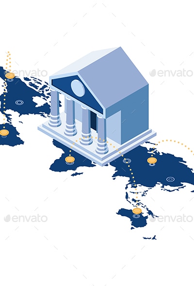 Isometric Bank Building on World Map with Global Money Transfer, Vectors