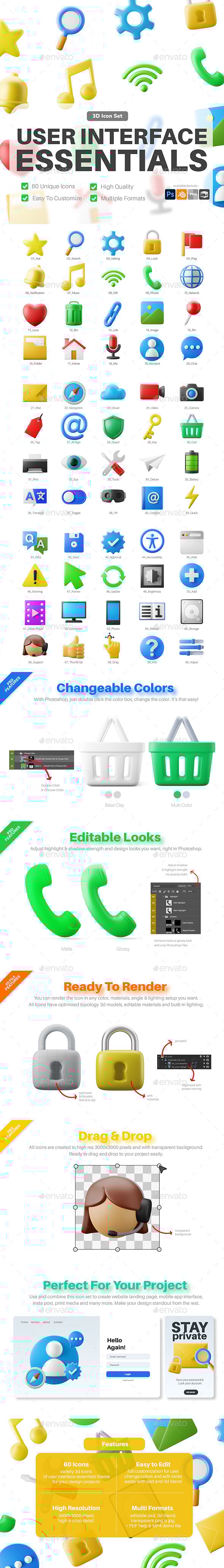 User Interface Essentials 3D Icon Illustration Pack, Icons | GraphicRiver