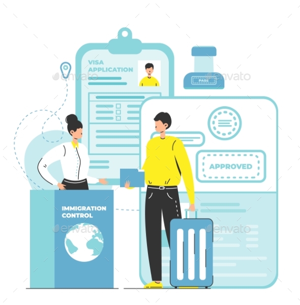 Immigration Control Scene with Customs Officer and, Vectors | GraphicRiver