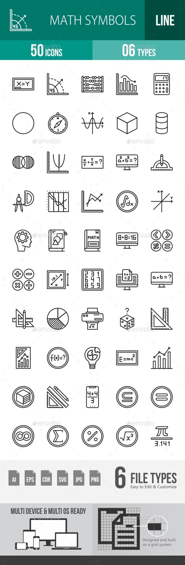 Math Symbols Line Icons, Icons | GraphicRiver